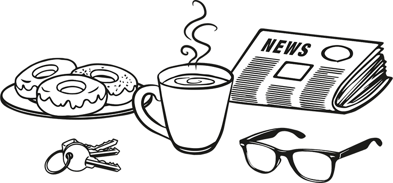 Illustration of a newspaper, cup of coffee and doughnuts.